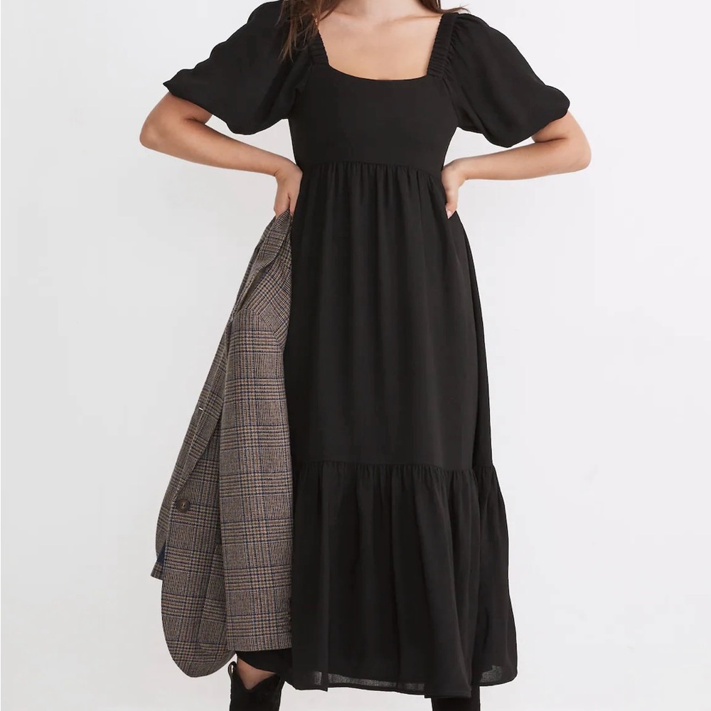 Madewell Square Neck Tiered Midi Dress Black | Puff Sleeve | Size 10